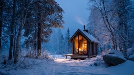 Winter Forest Cabin at Twilight