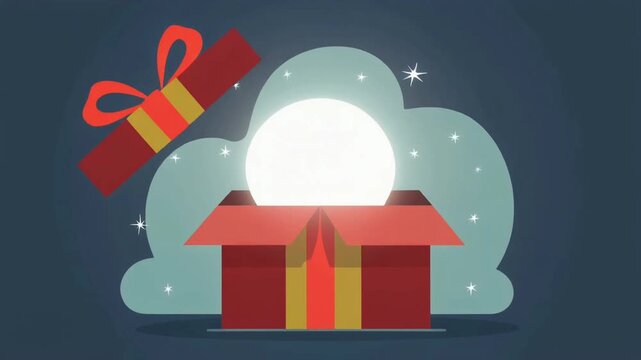 Glowing gift box opening with radiant light, simple shapes and bright colors emphasizing surprise and celebration against a soft background.