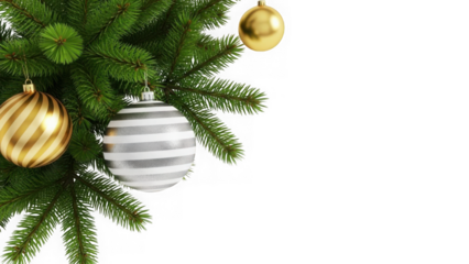 Close up of festive christmas tree branches adorned with golden and silver striped baubles against a transparent background