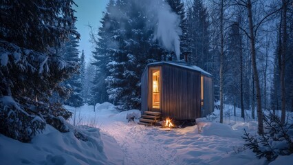 Rustic Cabin with Smoke in Winter