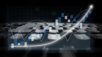 A creative depiction of financial data presented through graphs and charts on a digital calculator, illustrating the dynamics of market growth and analysis. Copula