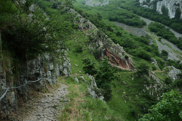 Hiking trail in the Xanas Gorge in Asturias. Hiking route. Cliffside trail 
