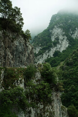 View of the Xanas Gorge in Asturias. Steep rocky cliffs with green vegetation. Foggy mountains. Hiking trail