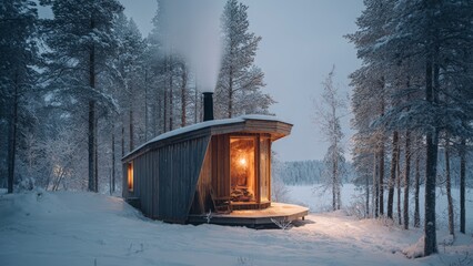 Winter Night Cabin with Soft Glow