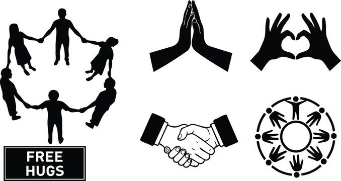 Silhouette icon set of hands forming heart praying hands handshake people holding hands in circle free hugs badge black and white minimal vector icons for unity
