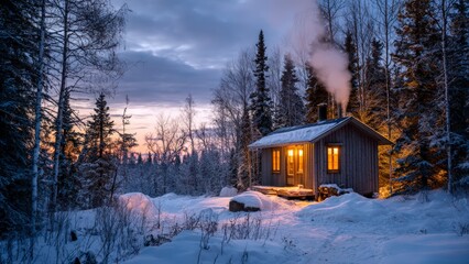 Cabin in Snow at Evening Light