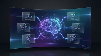 Artificial intelligence network connecting transportation, energy, manufacturing, and smart city infrastructure concepts.