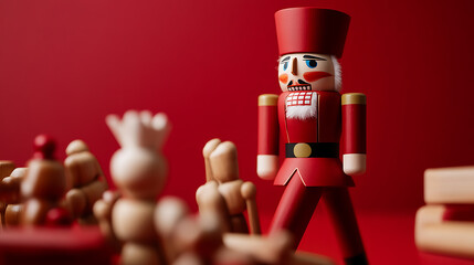 A poised wooden nutcracker stands guard beside a chess set on a vibrant red backdrop. The timeless scene evokes nostalgic holiday memories and captures the charm of handcrafted figurines.
