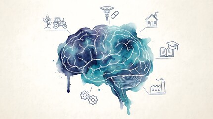Conceptual watercolor brain illustration representing thought, growth, health, education, and industry connections.