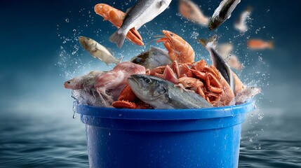 A blue bucket filled with fish and shrimp. The fish are swimming in the water and the shrimp are scattered throughout the bucket. Concept of abundance and freshness