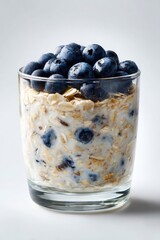 Glass Container of Overnight Oats with Blueberries on White Background