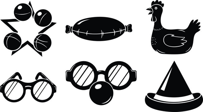 Grunge stamp vector icon set close up six black textured party and food symbols including bells sausage chicken three glasses novelty nose and witch hat silhouette