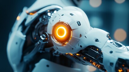 Futuristic robotic exoskeleton shoulder joint with glowing orange light in high-tech industrial setting