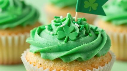 St Patrick’s Day cupcake in festive food photography style in bright green colors representing holiday dessert and party celebration