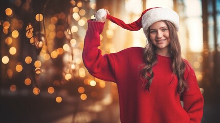 Beautiful santa girl in christmas hat on background
