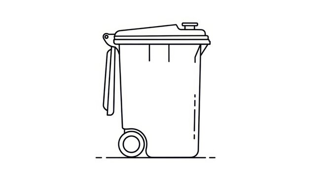 Minimalist outline illustration of a modern wheeled garbage bin in side view, clean waste