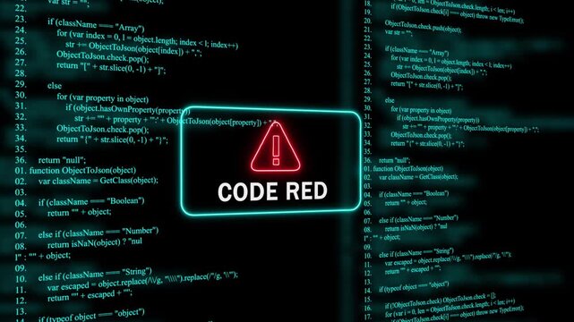 Red Exclamation Mark Warning Symbol code red Neon Sign on cyan Digital Code Background with Glitch Effect
