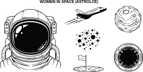 Line art frontal astronaut helmet with reflective visor woman headshot plus modular space icons shuttle moon planet and lunar flag in monochrome vector illustration minimal ink