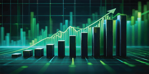 Financial success shown by a 3D business growth chart with an upward arrow and bar graph on a black background
