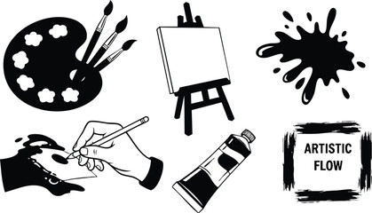 Flat design vector icon set of artist palette with brushes easel paint tube ink splatter hand drawing canvas close up creative studio workspace black silhouette minimal
