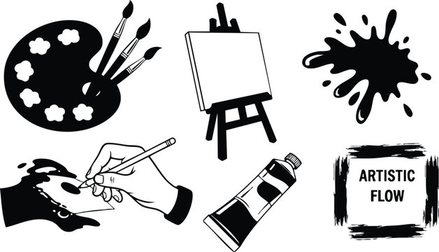 Flat design vector icon set of artist palette with brushes easel paint tube ink splatter hand drawing canvas close up creative studio workspace black silhouette minimal