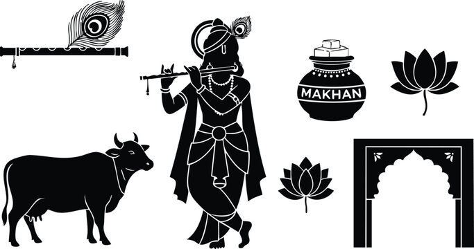 Silhouette vector krishna playing flute beside cow with peacock feather and butter pot lotus and ornate temple arch in black and white landscape close up detailed