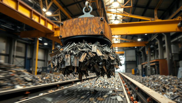 Industrial electromagnet lifting scrap metal pieces over a conveyor belt in a recycling plant.