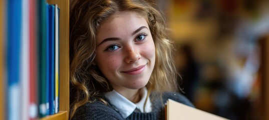 Teenage Girl Smiling by Classroom Bookshelf Holding Folder in Academic Setting