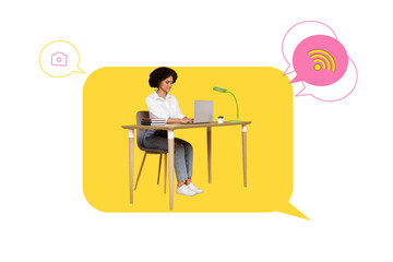 Composite poster banner photo collage of happy girl type message wifi icon blogging social media notification photo-camera