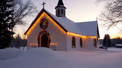 A quaint chapel stands peacefully amidst a snowy landscape, adorned with festive lights and wreaths, symbolizing hope and celebration during the winter season.