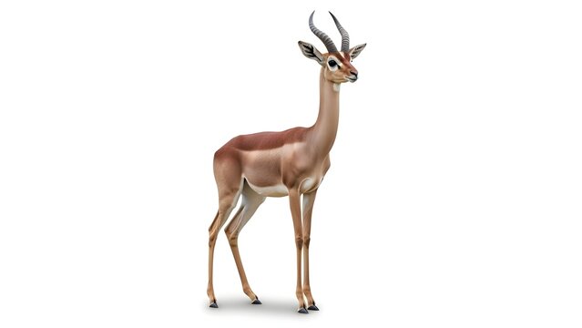A beautiful slender gerenuk, also known as waller gazelle, a long-necked antelope standing elegantly in a full body studio shot on white background