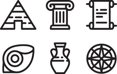 Ancient history vector icons showing pyramid column scroll shell amphora and compass rose