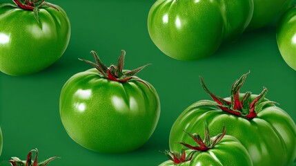 A close up of green tomatoes with red stems. The tomatoes are arranged in a pattern on a green background