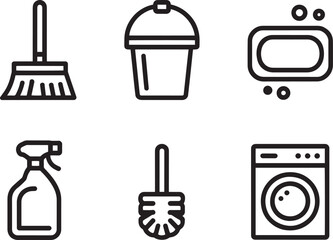 Group of household cleaning supplies icons for domestic chores and janitorial maintenance tasks