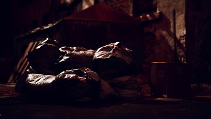 In a narrow alleyway, shadows envelop several large bags of refuse. The quiet night amplifies the stillness, emphasizing the abandoned urban environment around them.