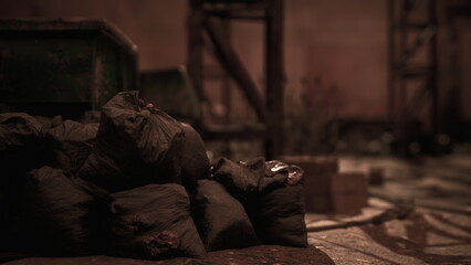 Amidst the shadows of an empty space, several bulky waste bags lie neglected on the ground. Cracked surfaces and faded colors create a somber atmosphere as dusk descends.