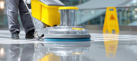 Professional Cleaner Polishing Reflective Floor with Safety Sign in Background