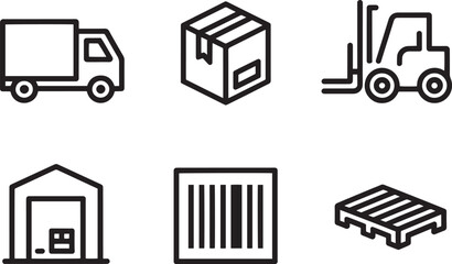 Set of six outline icons related to logistics transportation shipping and warehouse storage services
