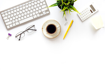 Workspace on top view with keyboard and cup of coffee. Education online. Home office of freelancer.