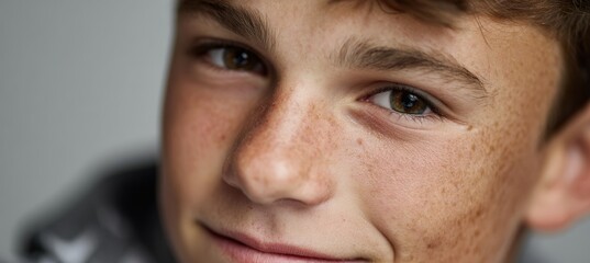 Fototapeta premium Close-up Headshot of Teenage Boy with Acne Scars and Soft Smile