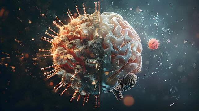 Surreal fusion of human brain and virus depicting health and science themes - Powered by Adobe