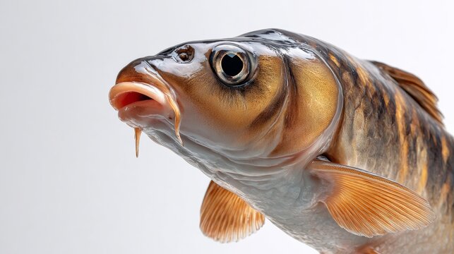 A fish with a mouth full of food is shown in a close up. The fish is brown and white with a black eye
