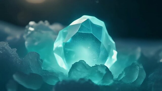 A translucent snowflake-like ice structure resting on a smooth surface, illuminated by soft cool light with a blurred icy background creating a serene mood.