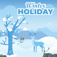 Charming vector of a Winter Holiday Festival in a snowy village square, featuring ice skating, Christmas market stalls, and a decorated tree.