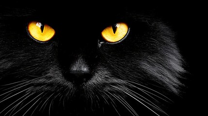 Close-up of black feline with intense, glowing yellow eyes against a stark black background