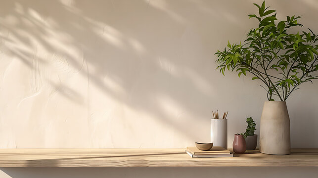 ニュートラルな壁面に設えた、装飾を配したミニマルなオフィスシェルフのデザイン