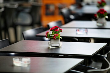 Restaurant table decorated with flowers