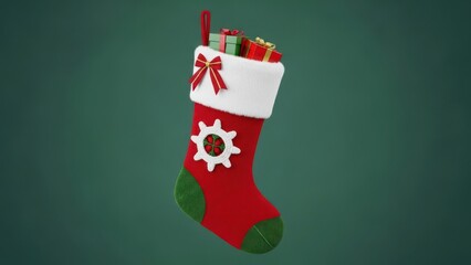 Festive christmas stocking filled with presents against a green background