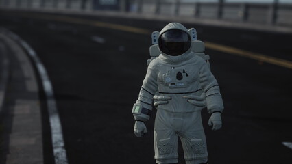 An astronaut stands alone on a desolate highway, the orange hues of dusk illuminating the scene. The empty road stretches out, evoking feelings of solitude and exploration.