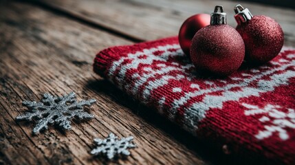 Close-up of Christmas ornaments and a decorative mitten on a rustic wooden surface